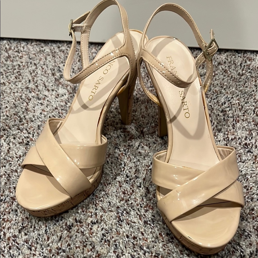 Franco Sarto Tan Heels Crisscross Strap Ankle Buckle